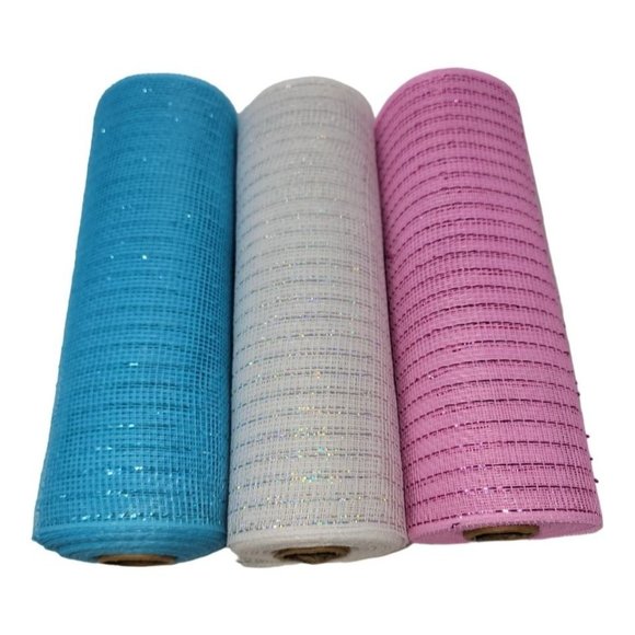 Gender Reveal 10" Wide Poly Mesh Ribbon Rolls, 10 Yards (Pink, Blue and White) - Picture 4 of 5
